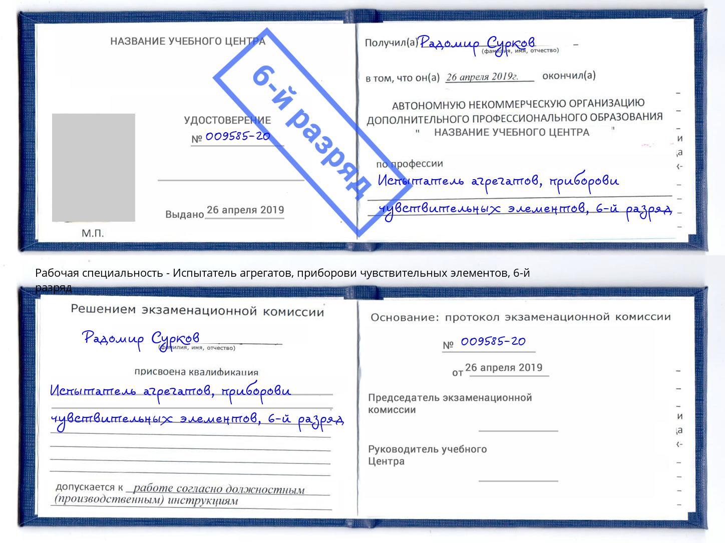 корочка 6-й разряд Испытатель агрегатов, приборови чувствительных элементов Заинск