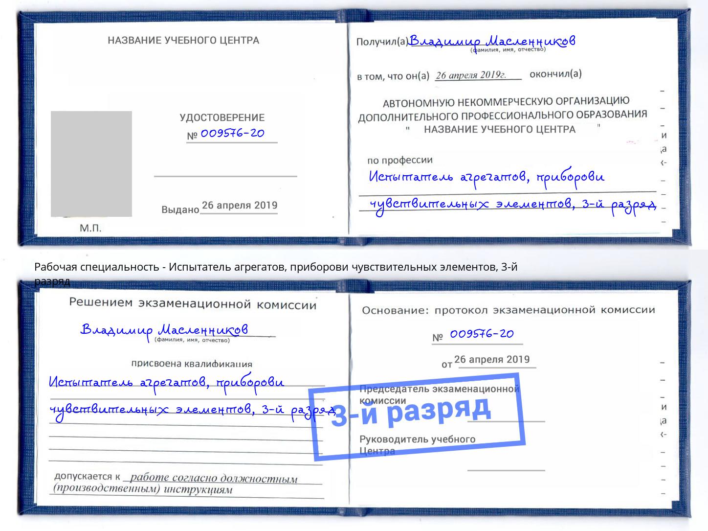 корочка 3-й разряд Испытатель агрегатов, приборови чувствительных элементов Заинск