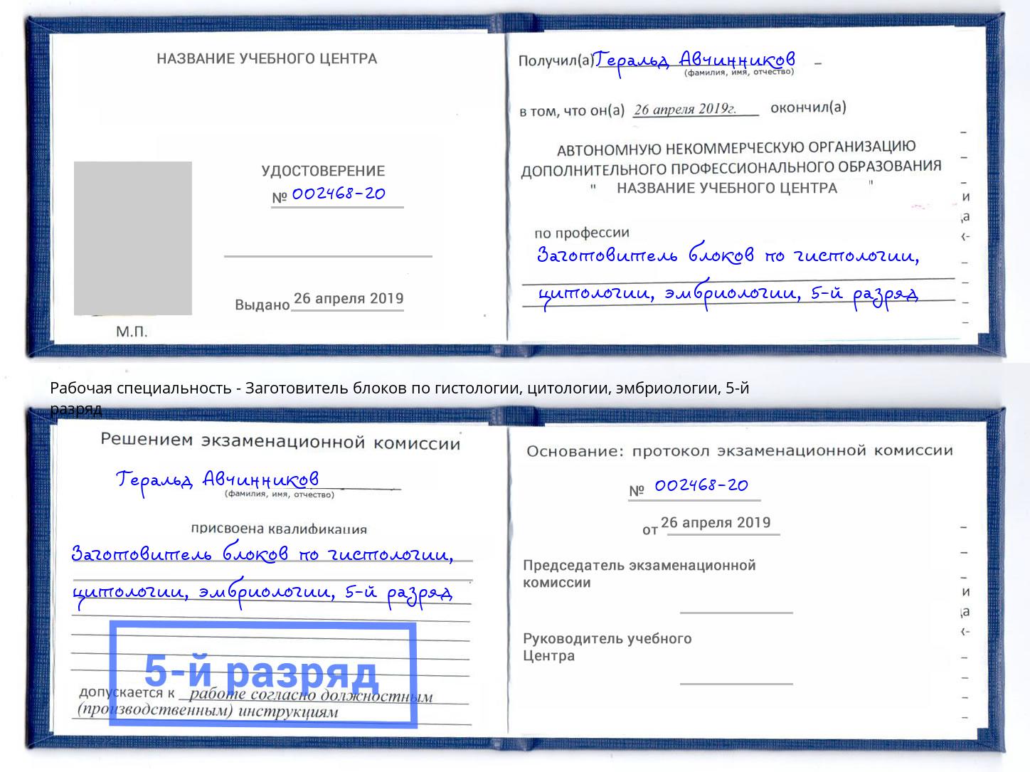 корочка 5-й разряд Заготовитель блоков по гистологии, цитологии, эмбриологии Заинск