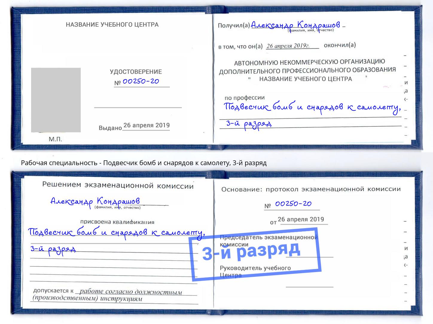 корочка 3-й разряд Подвесчик бомб и снарядов к самолету Заинск