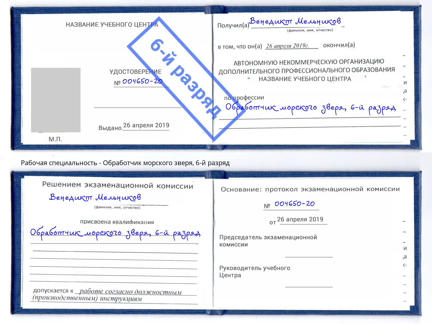 корочка 6-й разряд Обработчик морского зверя Заинск