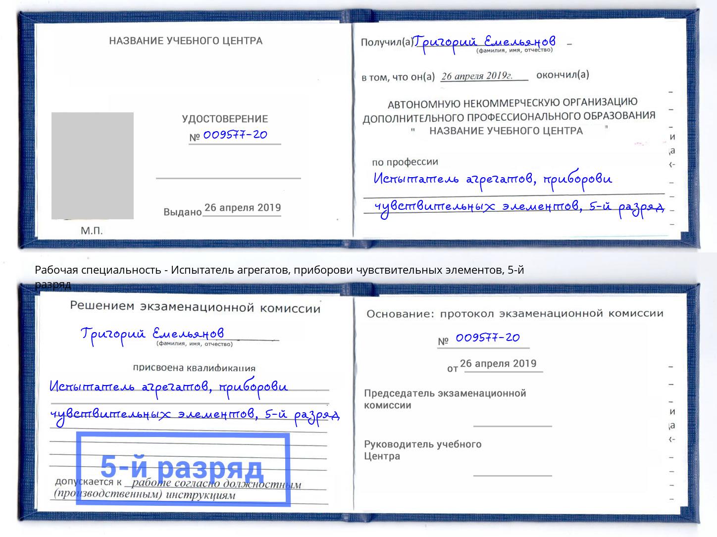 корочка 5-й разряд Испытатель агрегатов, приборови чувствительных элементов Заинск