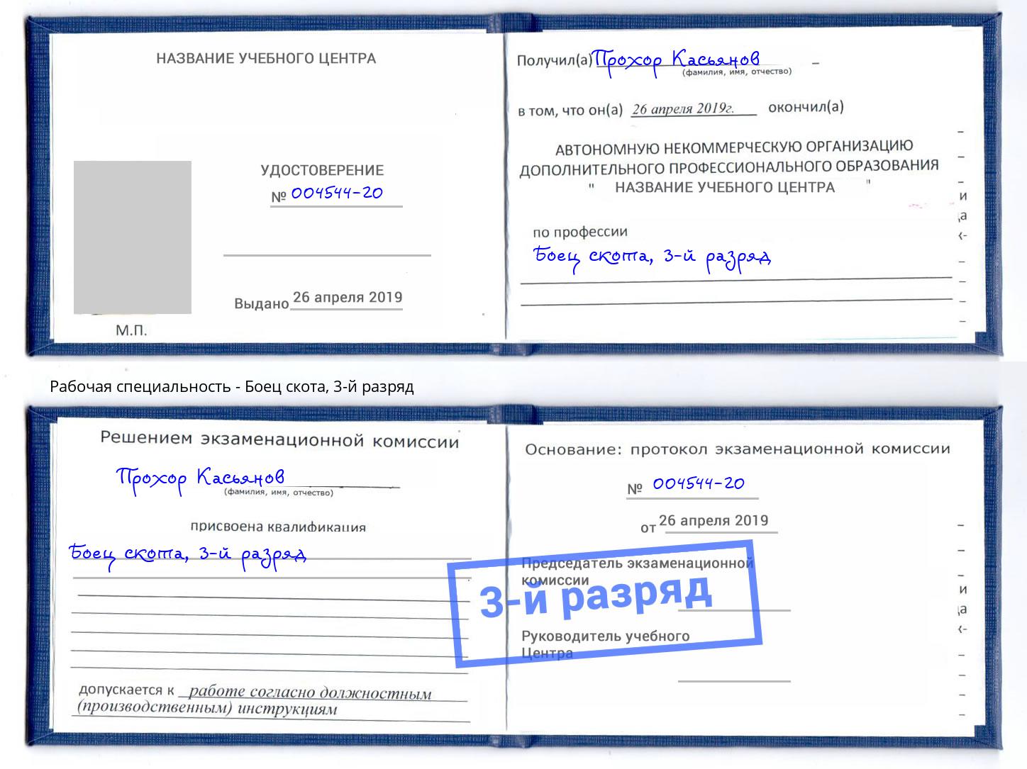 корочка 3-й разряд Боец скота Заинск