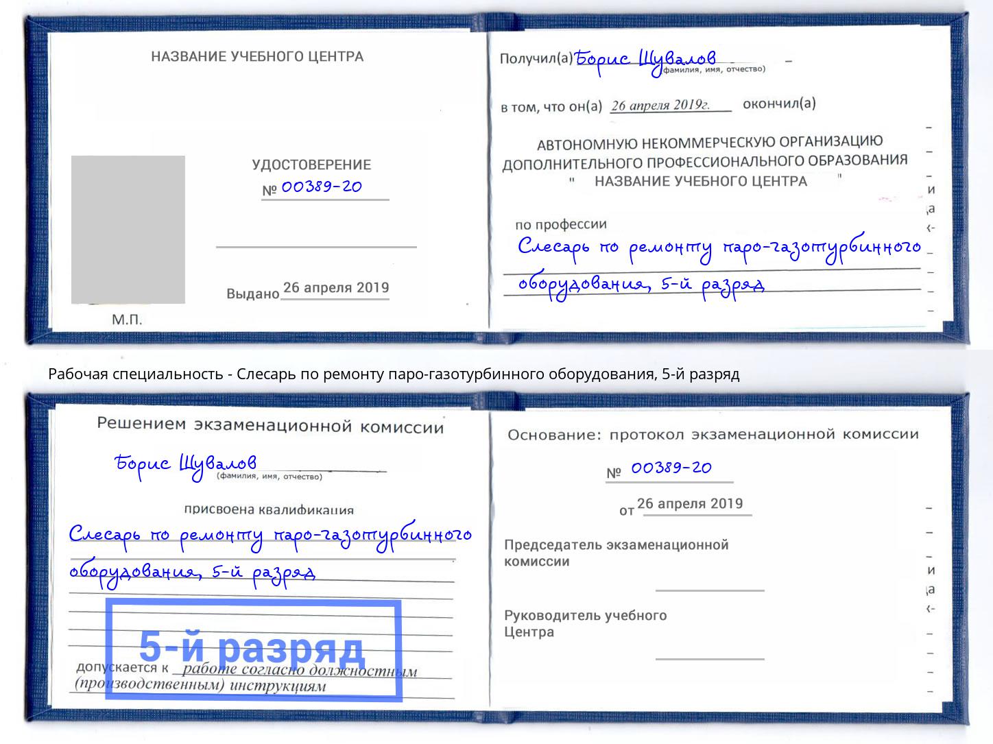 корочка 5-й разряд Слесарь по ремонту паро-газотурбинного оборудования Заинск