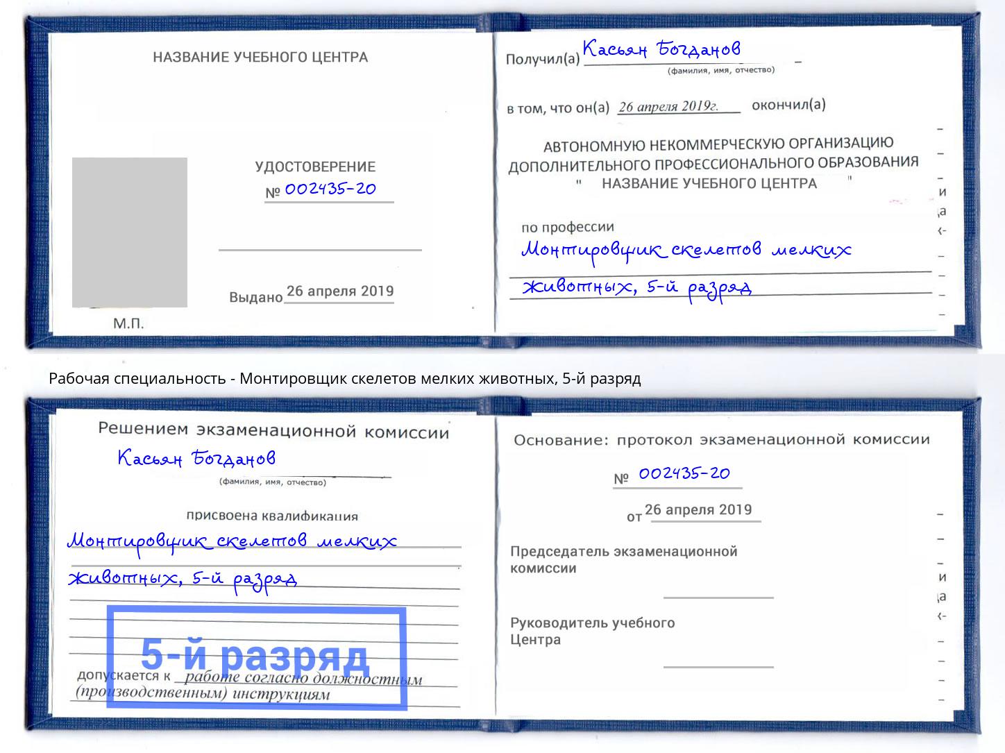 корочка 5-й разряд Монтировщик скелетов мелких животных Заинск