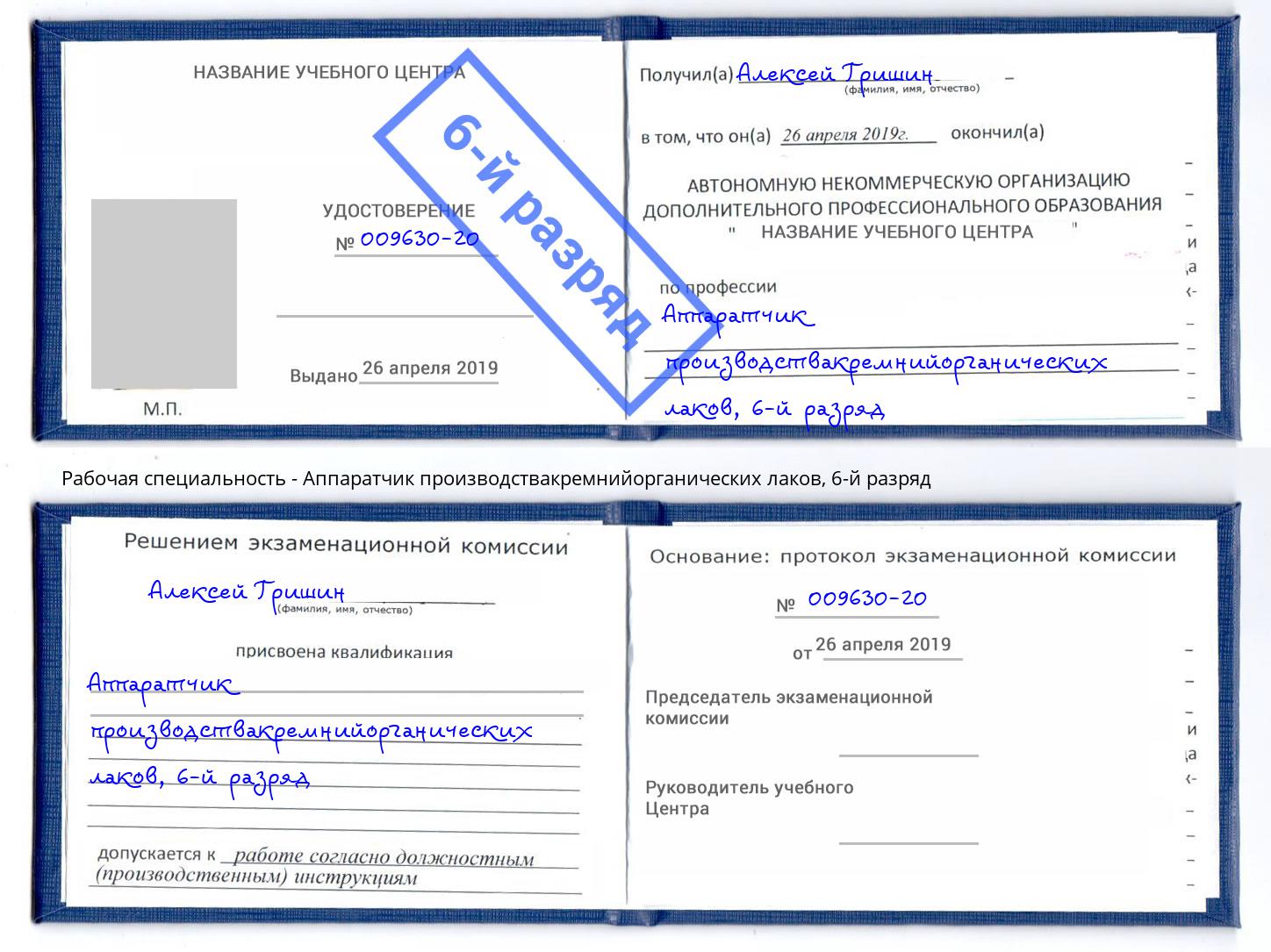 корочка 6-й разряд Аппаратчик производствакремнийорганических лаков Заинск