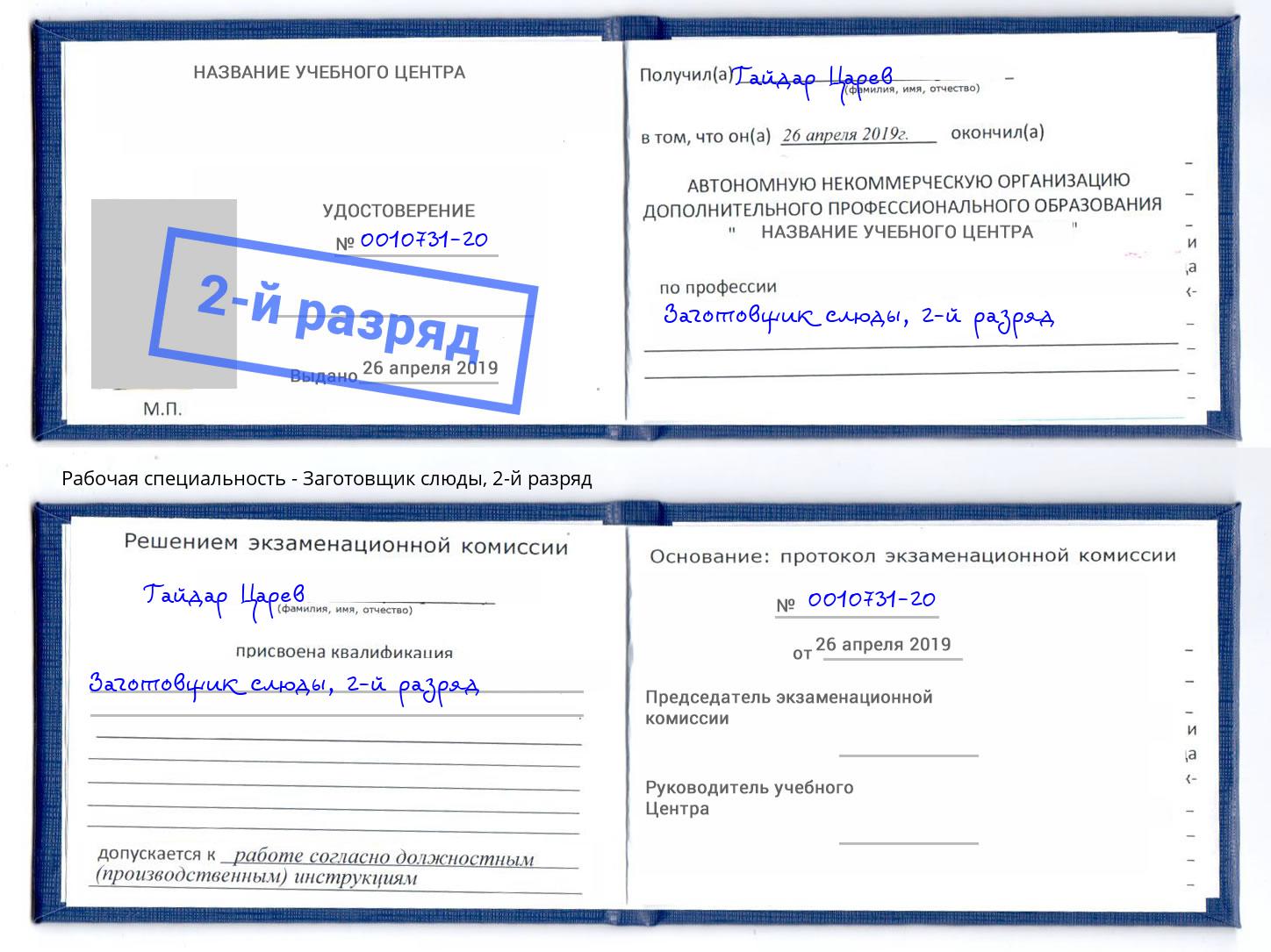 корочка 2-й разряд Заготовщик слюды Заинск
