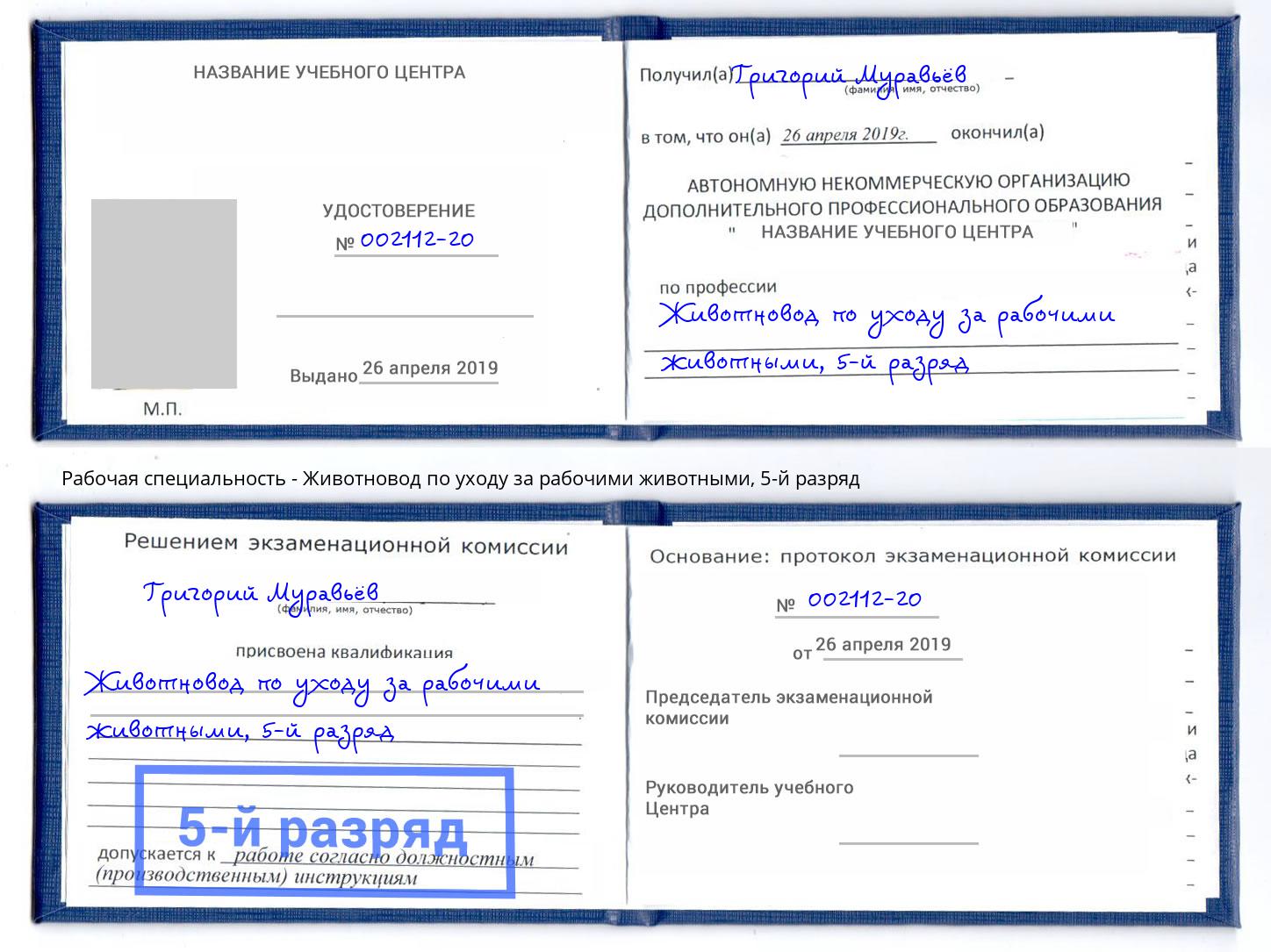 корочка 5-й разряд Животновод по уходу за рабочими животными Заинск