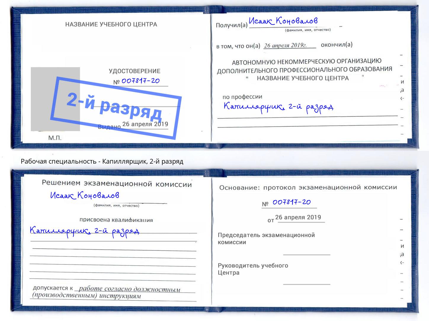 корочка 2-й разряд Капиллярщик Заинск