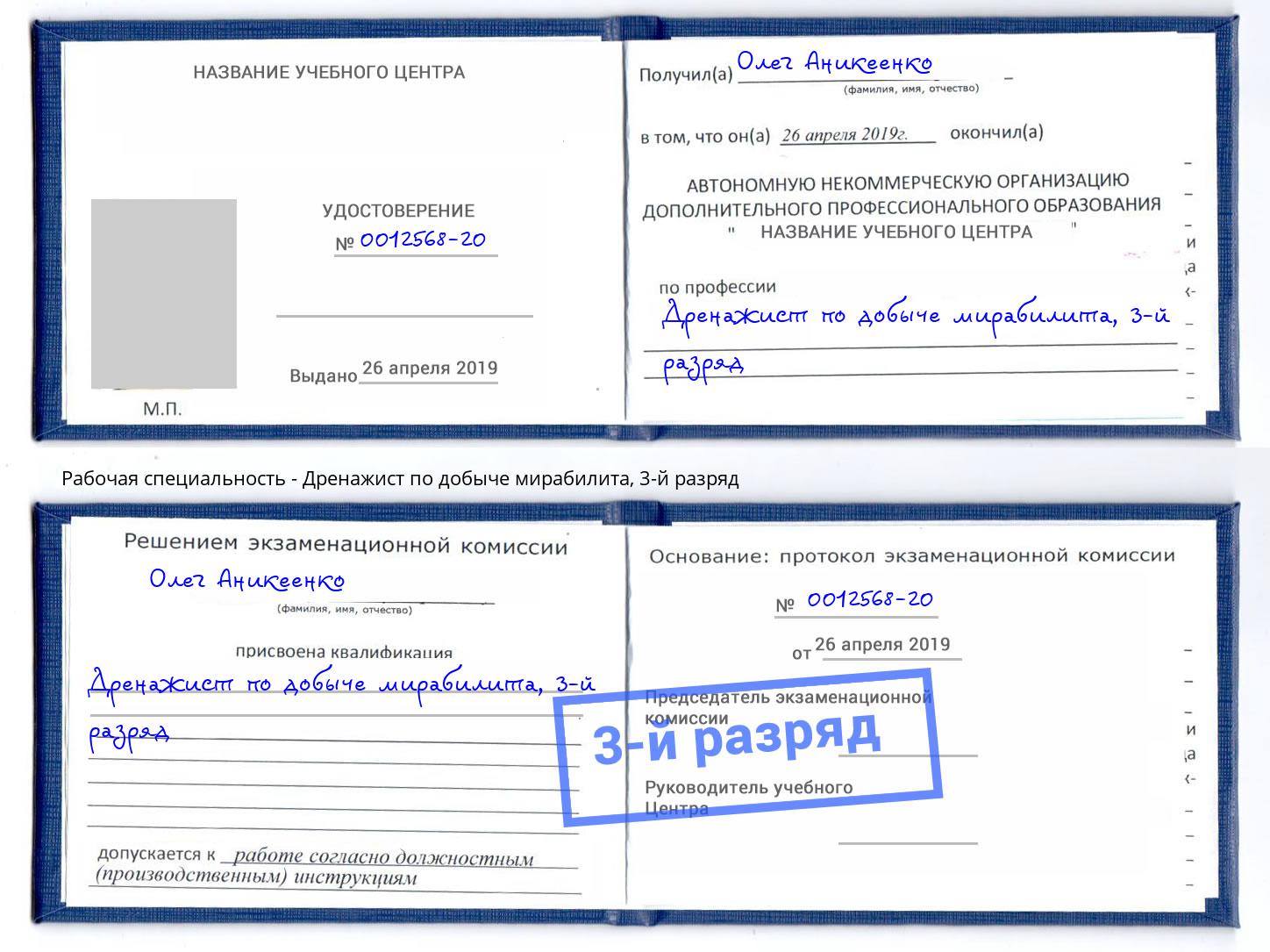 корочка 3-й разряд Дренажист по добыче мирабилита Заинск