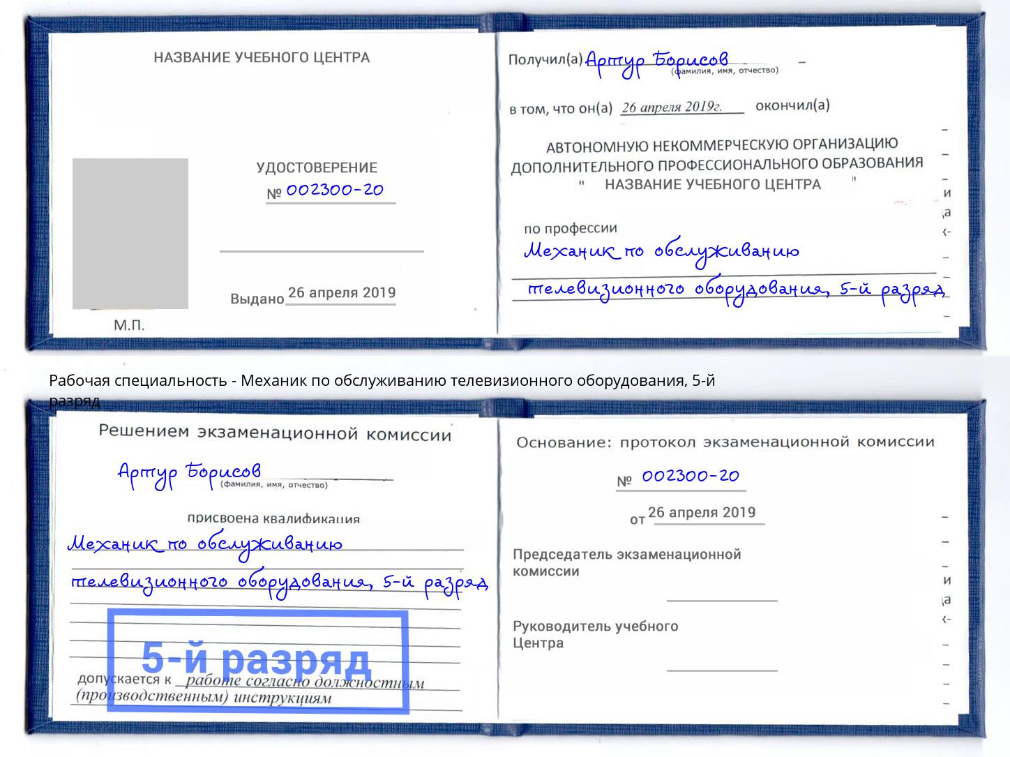 корочка 5-й разряд Механик по обслуживанию телевизионного оборудования Заинск