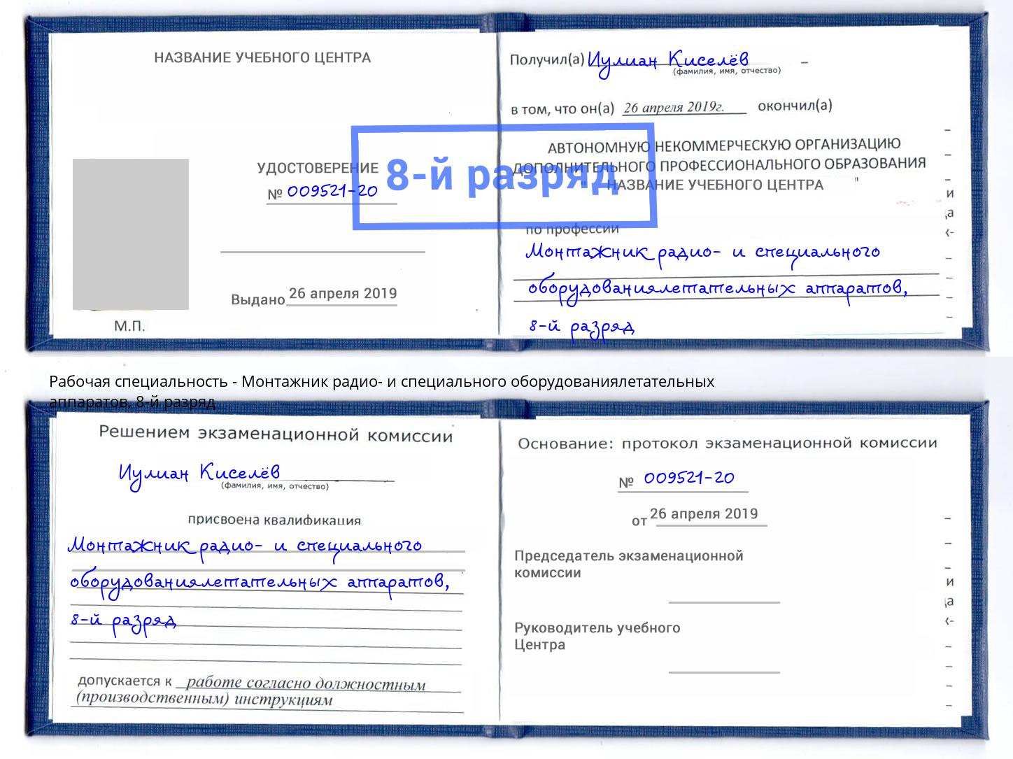 корочка 8-й разряд Монтажник радио- и специального оборудованиялетательных аппаратов Заинск