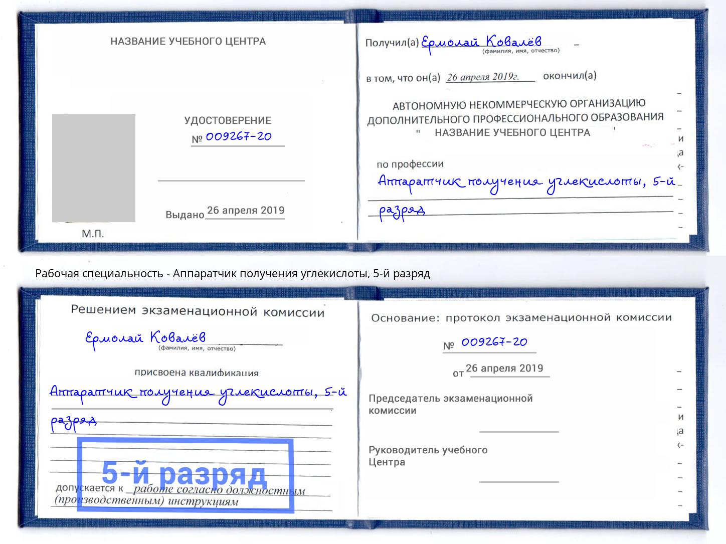 корочка 5-й разряд Аппаратчик получения углекислоты Заинск