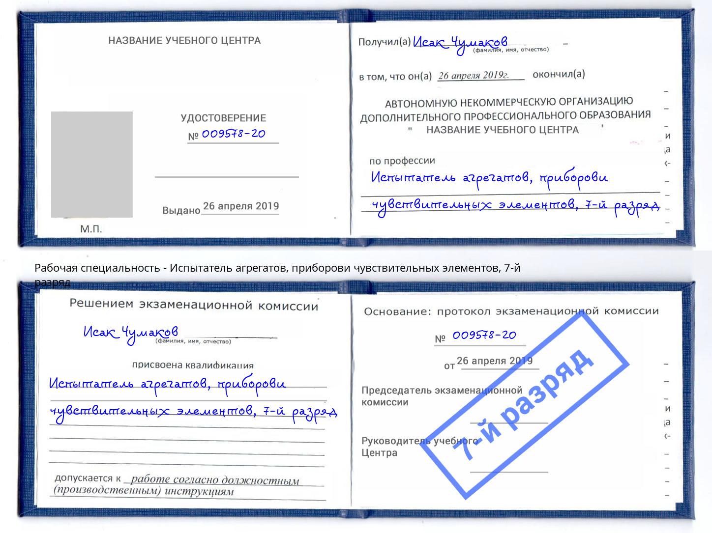 корочка 7-й разряд Испытатель агрегатов, приборови чувствительных элементов Заинск